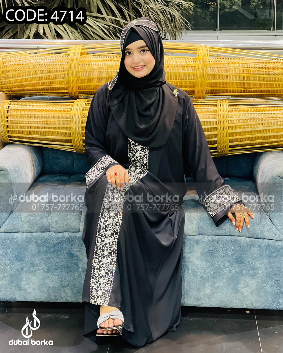 Nadiya Embroidery Borka Black-White With Hijab