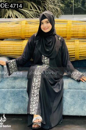 Nadiya Embroidery Borka Black-White With Hijab