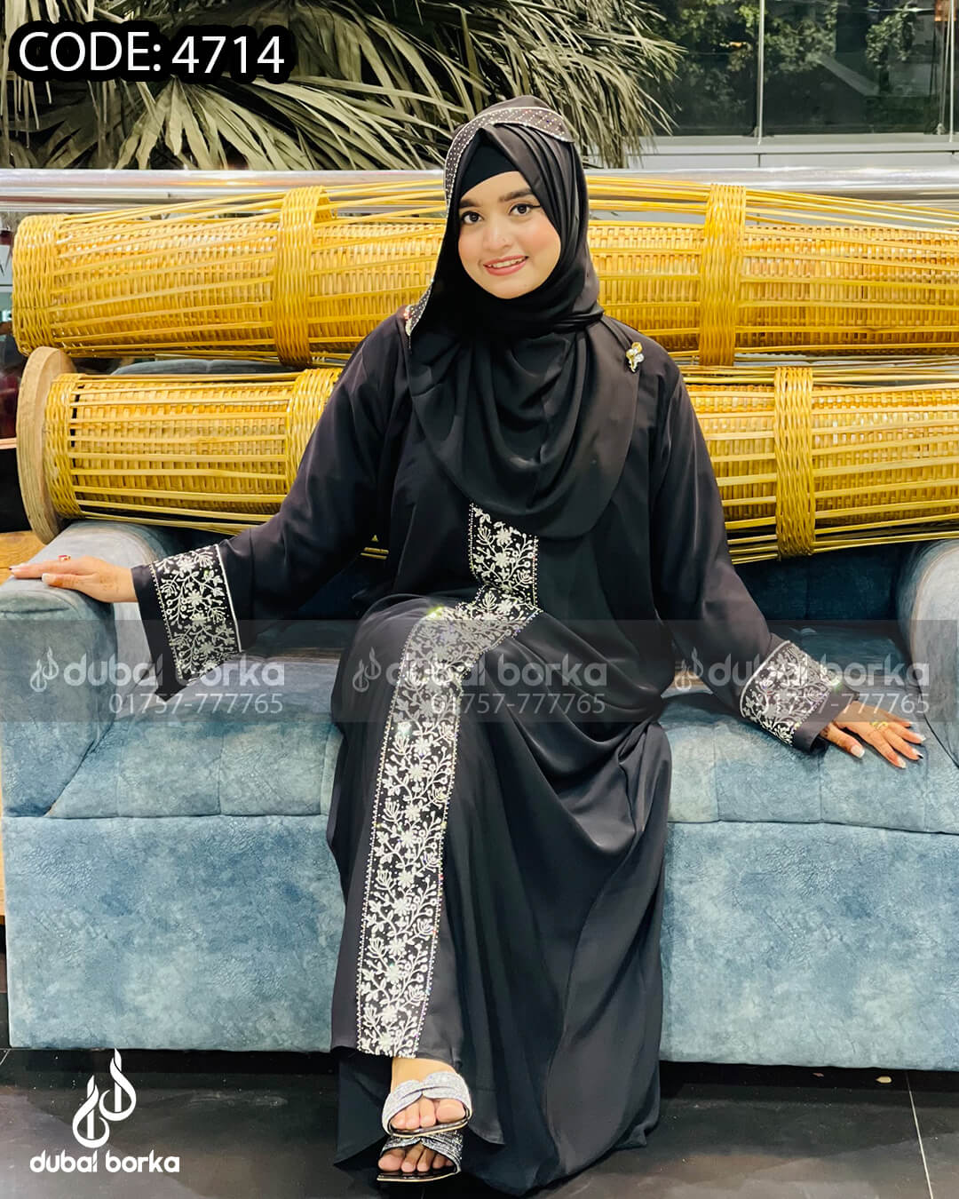 Nadiya Embroidery Borka Black-White With Hijab