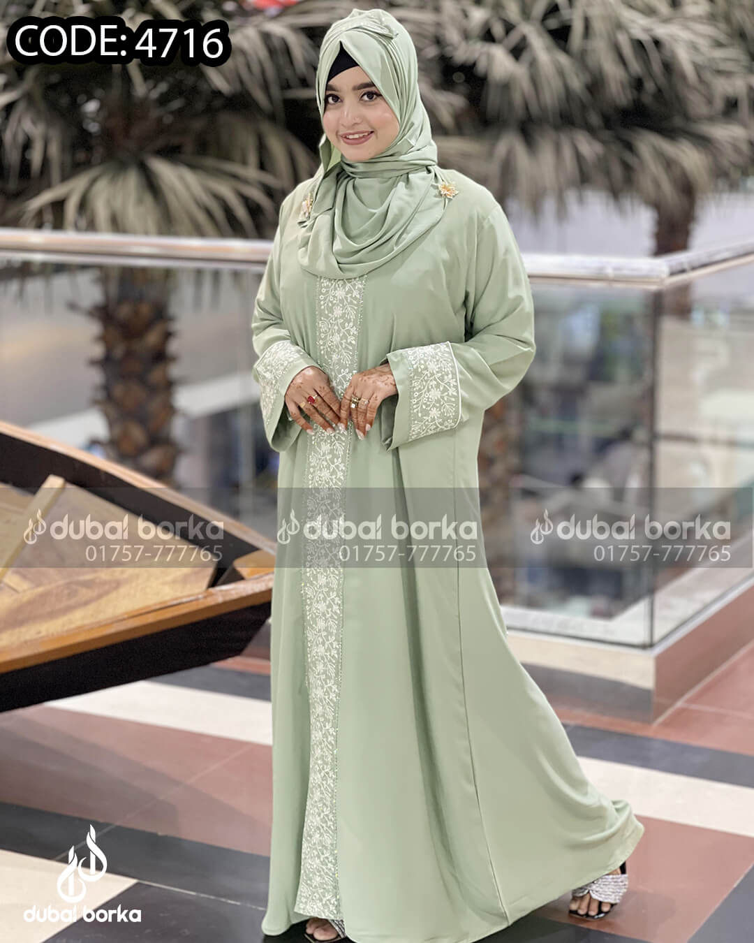 Nadiya Embroidery Borka Light Green-White With Hijab