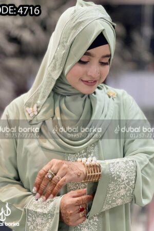 Nadiya Embroidery Borka Light Green-White With Hijab