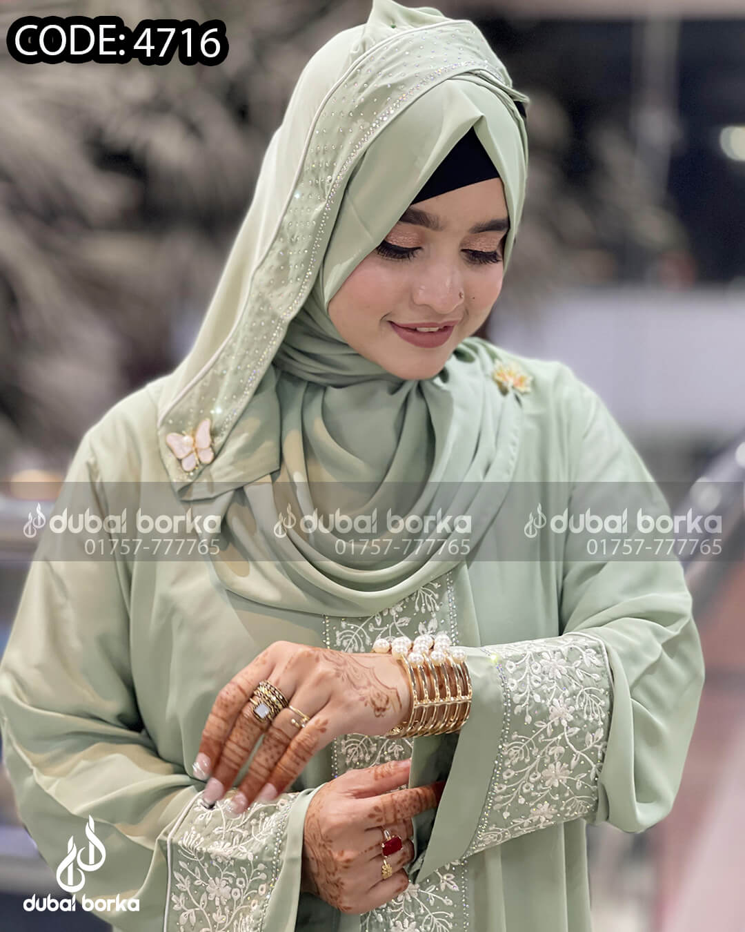 Nadiya Embroidery Borka Light Green-White With Hijab